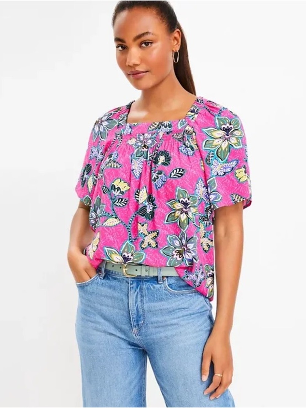 Loft Pink Floral Hibiscus Square Neck Short Flutter Sleeve Top M Medium